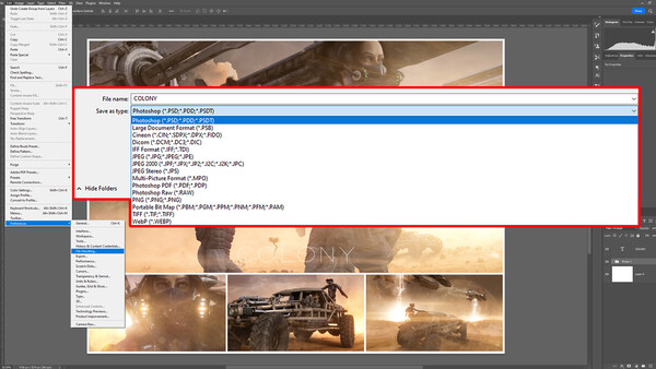 Screenshot of Photoshop file save dialog showing PSD format options and folder structure.
