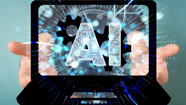 Illustration of an AI symbol emerging from a laptop screen surrounded by glowing digital effects and gear icons.