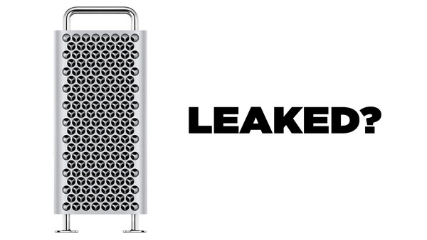 Mac Pro tower with perforated metal casing and the word 'LEAKED?' beside it in bold sans-serif type.