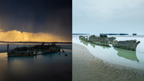 Abandoned shipwrecks photographed at different times of day, showing dramatic lighting and decay.