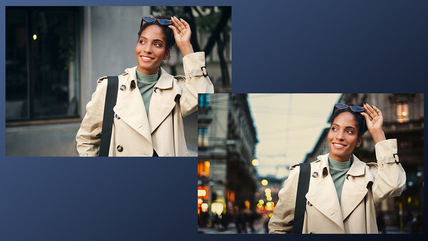 Woman in cream trench coat adjusting sunglasses on urban street at dusk.