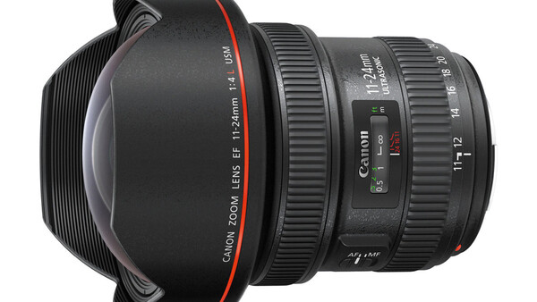 Canon EF 12-24mm f/4L USM ultra-wide zoom lens with hood attached, shown in product photography style.