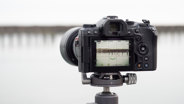 Mirrorless camera mounted on tripod head with electronic viewfinder and wide-angle lens attached.