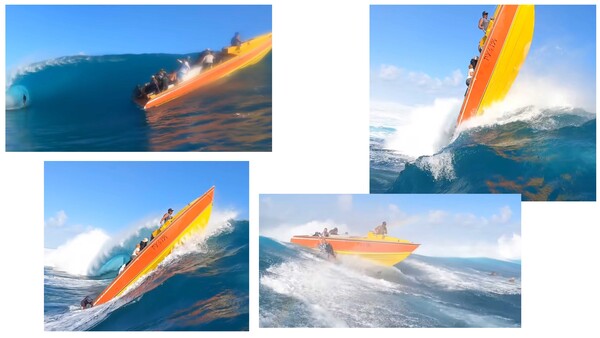 Bright orange and yellow jet ski performing aerial maneuvers across large ocean waves under clear sky.