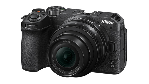 Nikon Z30 mirrorless camera with attached kit lens, shown against a white background.