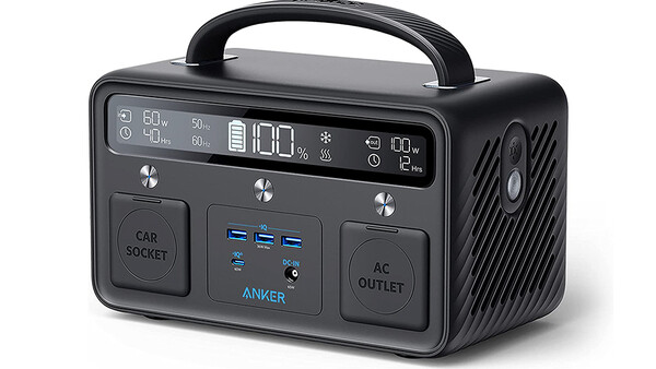 Anker portable power station with digital display, USB ports, and AC/car socket outlets.