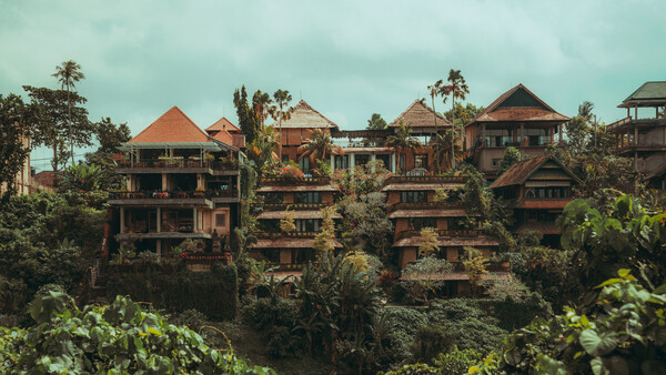 Multi-story wooden buildings with terracotta roofs nestled among dense tropical vegetation.