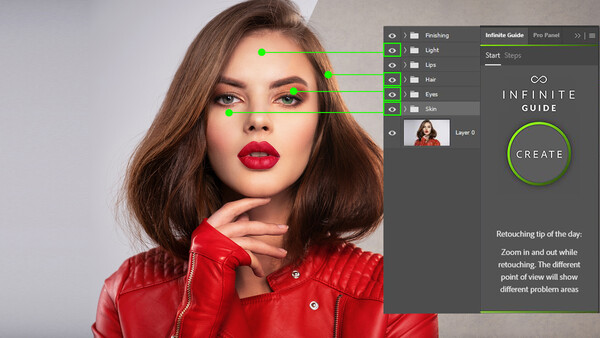 Screenshot of retouching software showing facial feature mapping on a beauty portrait.