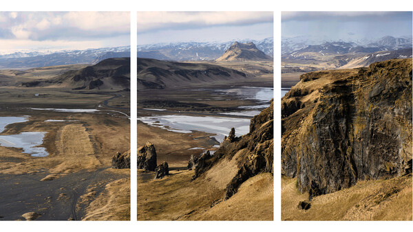 Triptych of Icelandic highland landscape featuring basalt mountains, glacial valleys, and volcanic terrain under overcast sky.