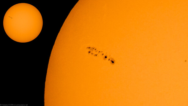 The sun photographed in extreme close-up showing sunspots and surface detail, with a smaller full-disk solar image in the upper left for scale comparison.