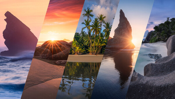 Composite image of five tropical coastal landscapes with dramatic sunrise and sunset lighting.