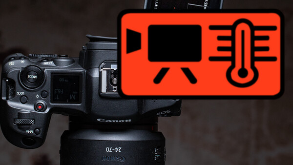 Canon cinema camera mounted on tripod with red graphic overlay showing video camera, thermometer, and temperature icons.