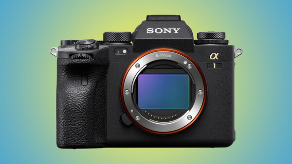Sony α1 mirrorless camera body with lens mount exposed, shown against gradient blue and yellow background.