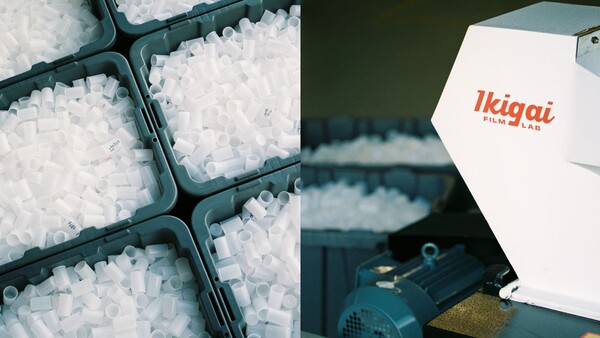 Ice maker trays filled with clear cubes next to a white Ikigai brand device with blue industrial equipment in the background.