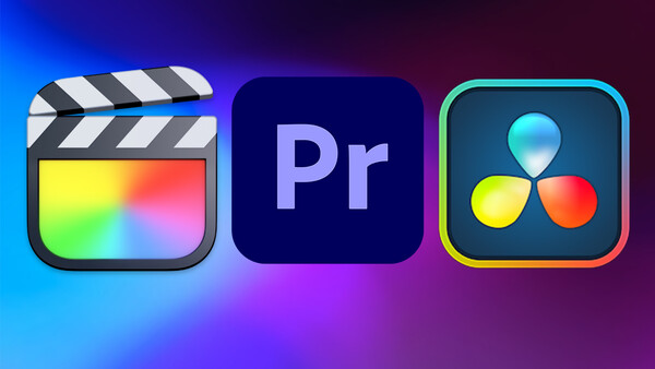 Graphic showing icons for Final Cut Pro, Adobe Premiere Pro, and DaVinci Resolve video editing software.