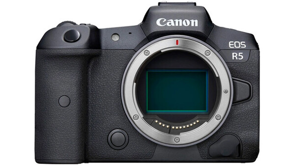 Canon EOS R5 mirrorless camera body displayed head-on against white background.