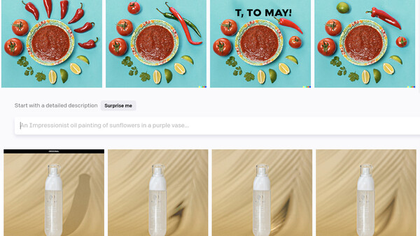 Four variations of a styled food photography composition featuring a central bowl surrounded by tomatoes and ingredients.