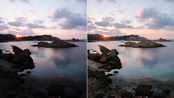 Before and after comparison of a coastal sunset with rocky outcrops and islands, showing enhanced color saturation and clarity in post-processing.