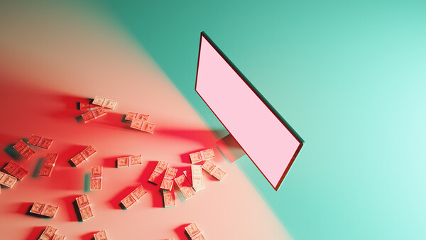Scattered red and gold gift boxes on a split pink and turquoise background with a blank pink smartphone screen tilted upward.