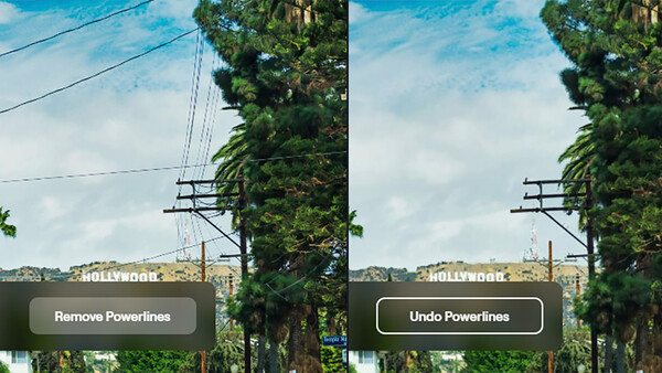 Screenshot showing before-and-after editing interface with powerline removal options over an urban landscape.