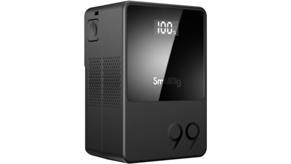 Compact black power bank with digital display showing 100% battery level and 99 indicator.