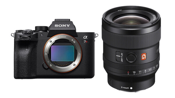 Sony a7R V mirrorless camera body next to a Sony FE 24mm f/1.4 GM prime lens.