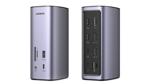 Front and rear views of a gray cylindrical USB hub with multiple ports visible on the back panel.