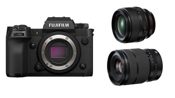 Fujifilm H1 mirrorless camera body with two interchangeable lenses displayed separately.
