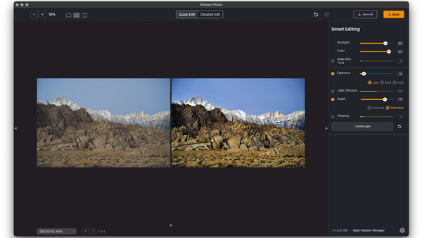 Screenshot of photo editing software showing before and after comparison of a desert mountain landscape with adjustment sliders.