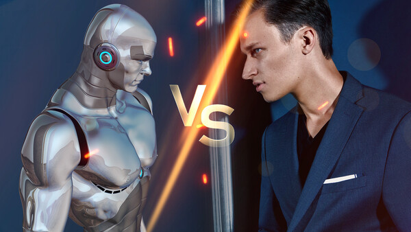 Illustration of a metallic robot facing a man in a blazer with a glowing versus symbol between them.
