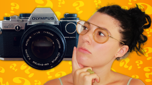 Thoughtful person wearing glasses beside vintage Olympus film cameras against yellow background with question marks.