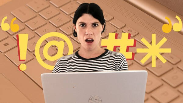 Person in striped shirt at laptop with colorful text overlay expressing frustration.