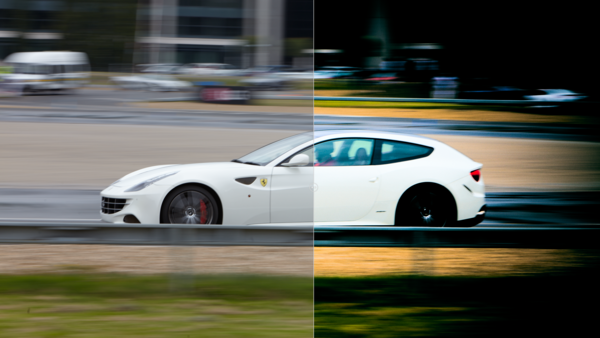 White sports car split into four panels showing motion blur photography techniques and processing variations.