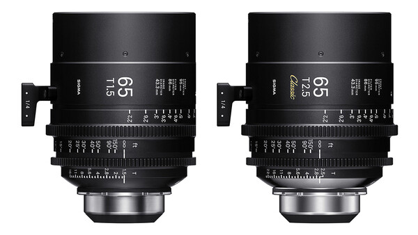 Side-by-side comparison of two 65mm cinema lenses with focus markings and specifications visible on their barrels.