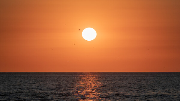 Bright sun positioned above a calm ocean horizon at sunset, casting a golden reflection across the water.
