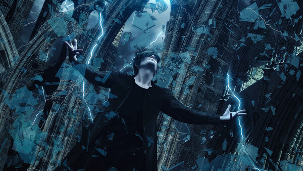 Man in black clothing suspended among towering blue-tinted skyscrapers with lightning effects.