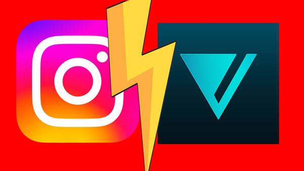 Graphic illustration comparing Instagram and Vsco logos separated by a lightning bolt against a red background.