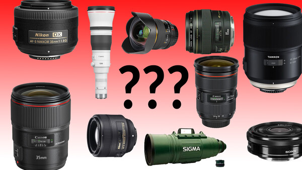 Collection of camera lenses arranged on a red gradient background with question marks in the center.