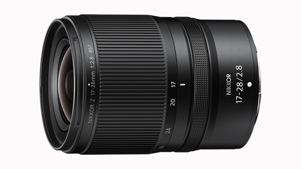 Nikon Z mount 17-28mm f/2.8 wide-angle zoom lens against white background.