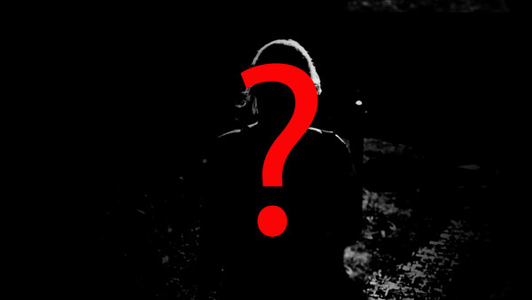 Large red question mark overlaid on a silhouetted figure against a dark, textured background.