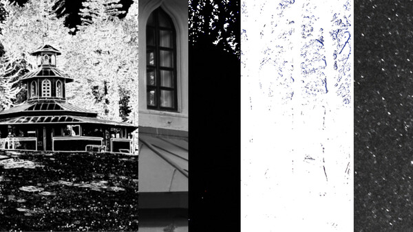 Collage of six black and white architectural and textural photographs arranged vertically.