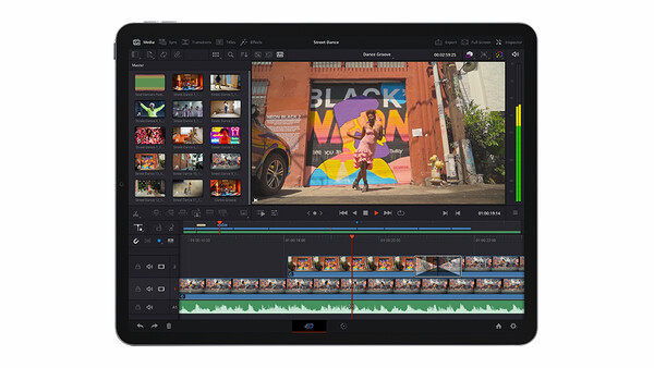 Screenshot of video editing software displaying a colorful street mural footage in the main timeline and preview window.