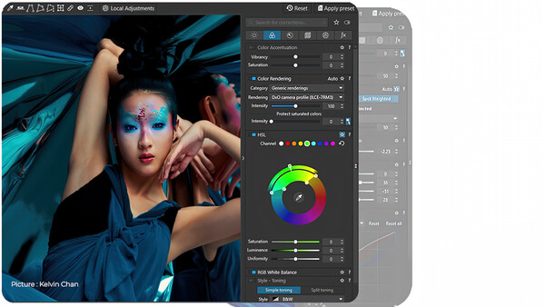 Screenshot of photo editing software showing color grading adjustments on portrait with blue and teal tones.