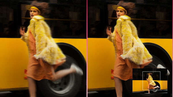Side-by-side comparison showing a woman in a yellow fur coat posing against a yellow taxi, with the right image displaying a smaller framed version of the scene.