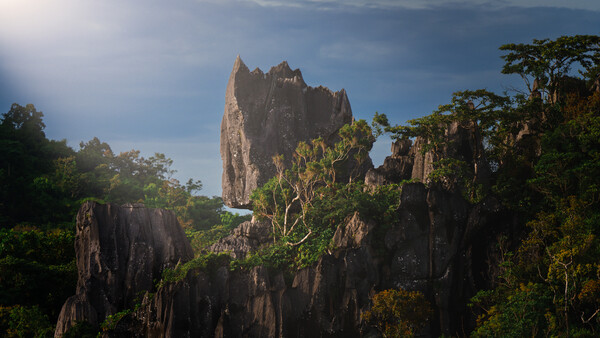 Towering limestone karst formations rise above dense tropical forest canopy beneath a partly cloudy sky.