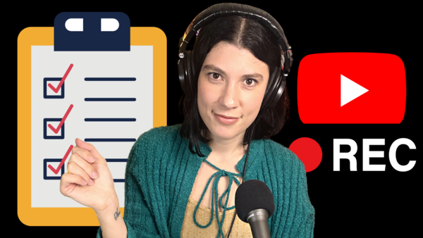 Illustration of a content creator wearing headphones and speaking into a microphone, with a checklist clipboard and YouTube recording icon.