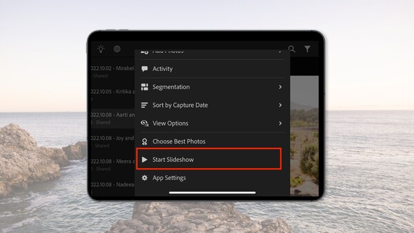 Screenshot of a mobile photo app menu with Start Slideshow option highlighted in red.