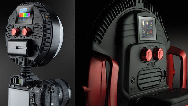 Two portable LED light fixtures shown in profile and front views, displaying control panels with red dials and illuminated indicators.