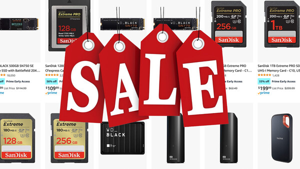 Sale promotional graphic featuring storage devices and memory cards with red price tags.
