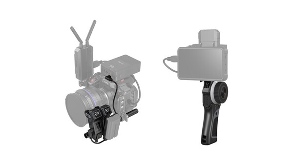 Illustration of two camera stabilization rigs with handles for handheld video work.